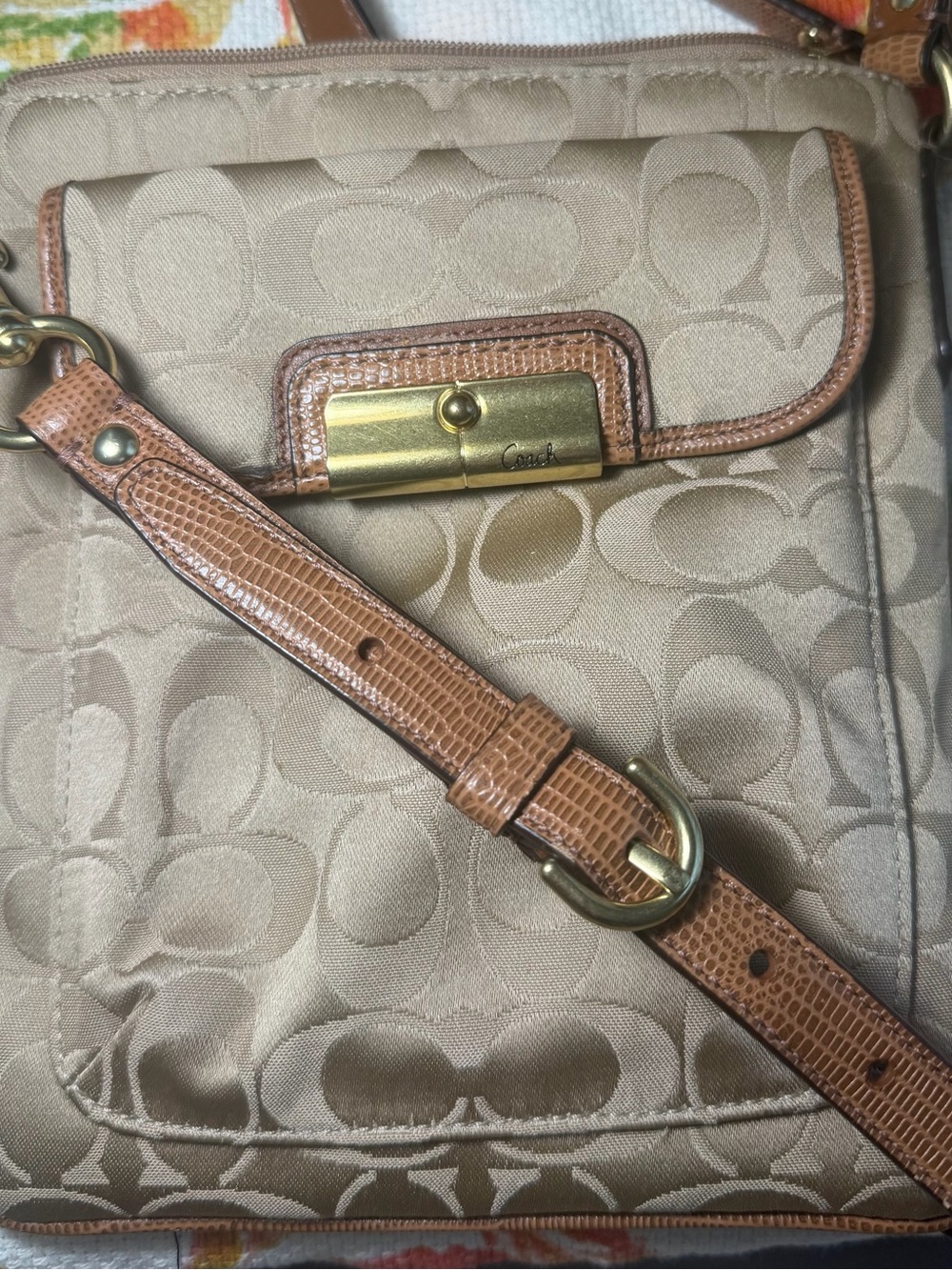 Coach Neutral Kristin Signature Crossbody with Tan Leather Trim